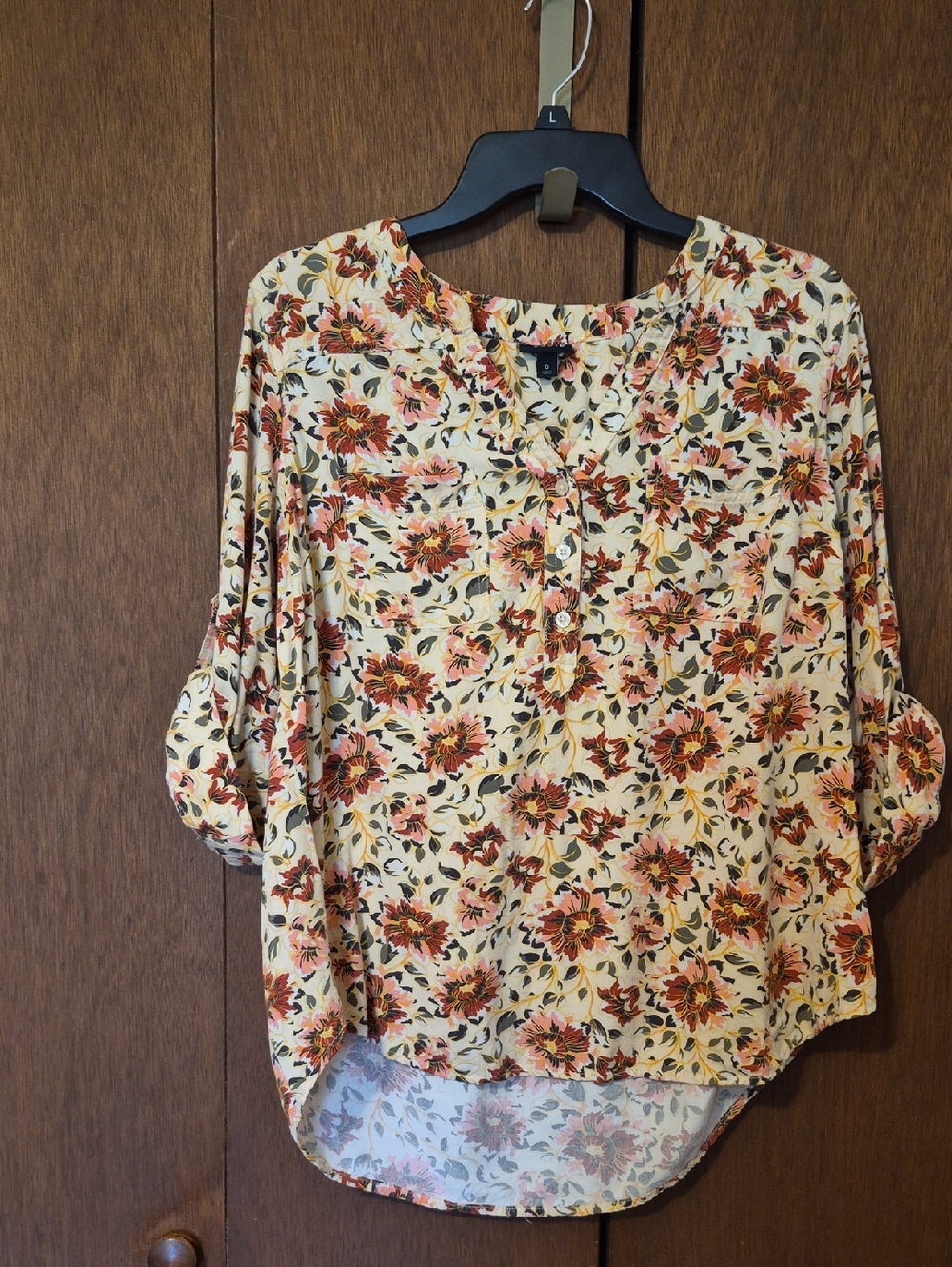 Torrid Yellow  Floral Henley Blouse with Peach & Rust Blooms